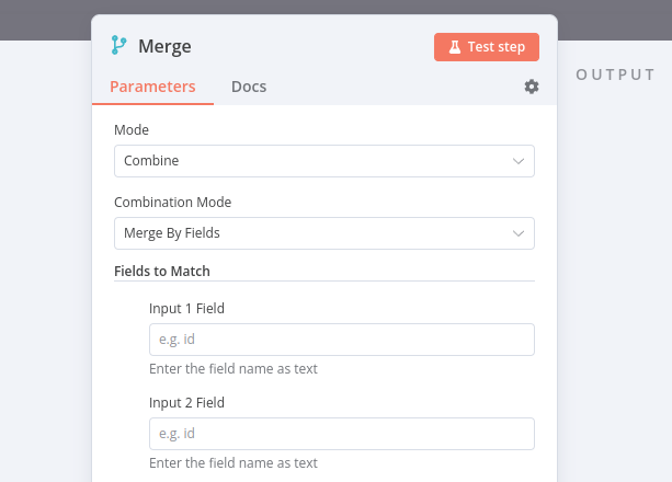 Property Input fields in the Merge node